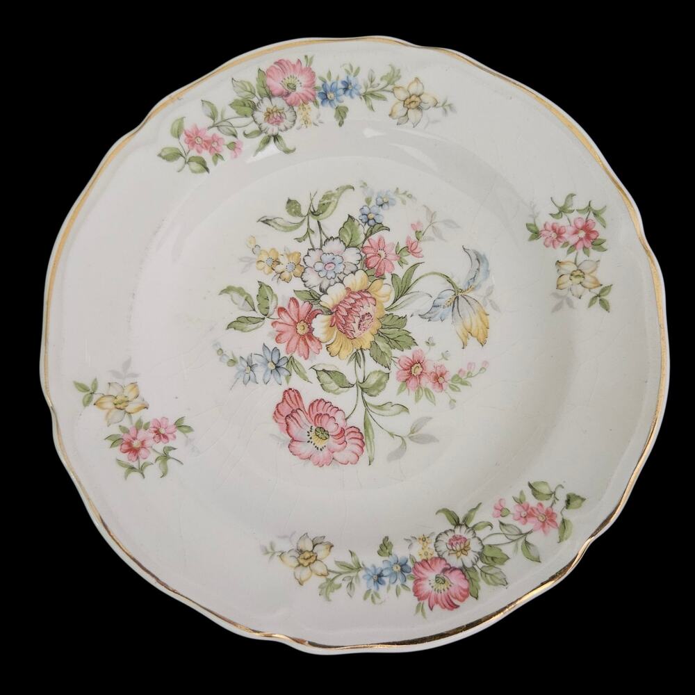 Edwin M Knowles Floral Bread Plates Set of 2 Gold Trim Vintage